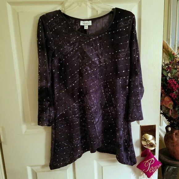 INDIGO MUTED DENIM TOP W/ SEQUINS - Picture 1 of 4
